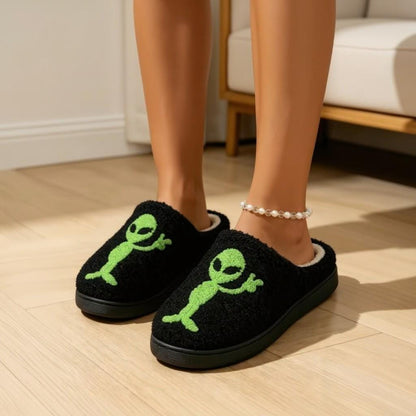 Alien Slippers, Green Alien House Shoes, Fuzzy Black Slippers