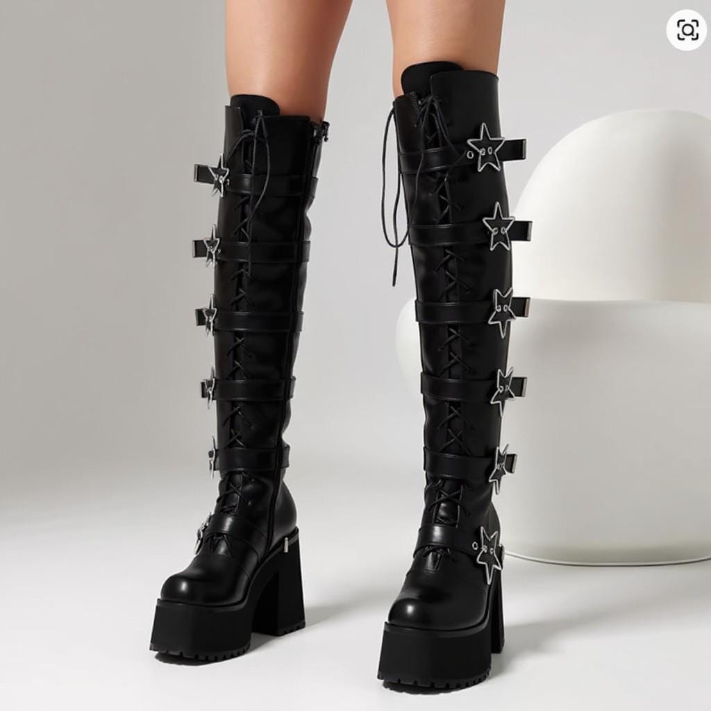 Black Star Buckle Platform Boots, Knee High Gothic Lace Up Boots, Chunky Y2K Punk Boots