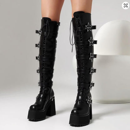 Black Star Buckle Platform Boots, Knee High Gothic Lace Up Boots, Chunky Y2K Punk Boots