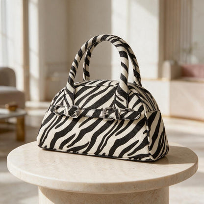Zebra Print Handbag, Black White Top Handle Purse, Animal Print Bag, Structured Statement Handbag, Trendy Womens Purse