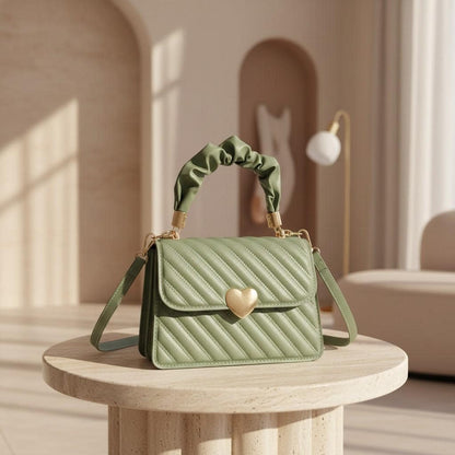 Sage Green Quilted Crossbody Bag, Women's Shoulder Purse, Heart Clasp Flap Bag, Small Everyday Handbag