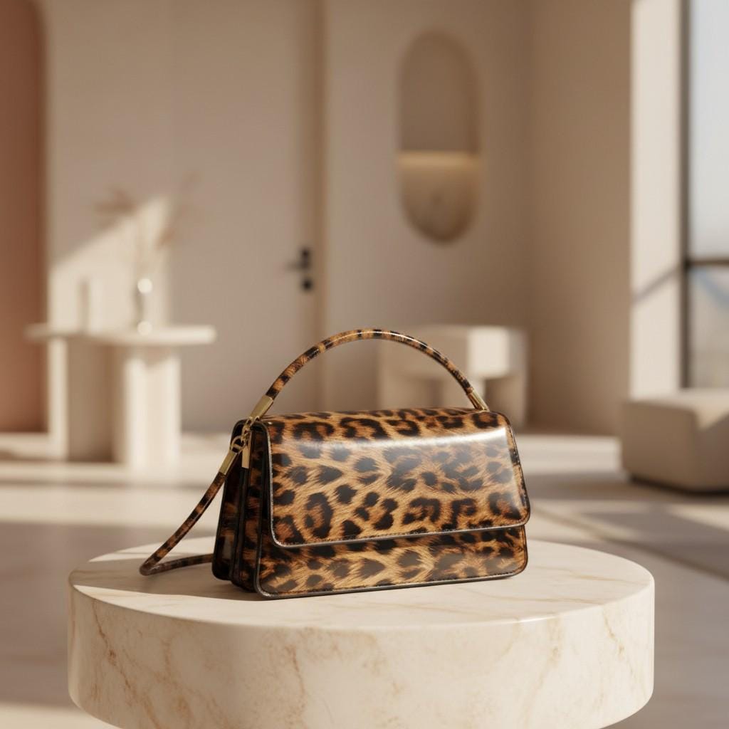 Leopard Print Flap Bag, Brown Animal Print Handbag, Structured Top Handle Purse, Y2K Shoulder Crossbody Bag, Women's Leopard Bag
