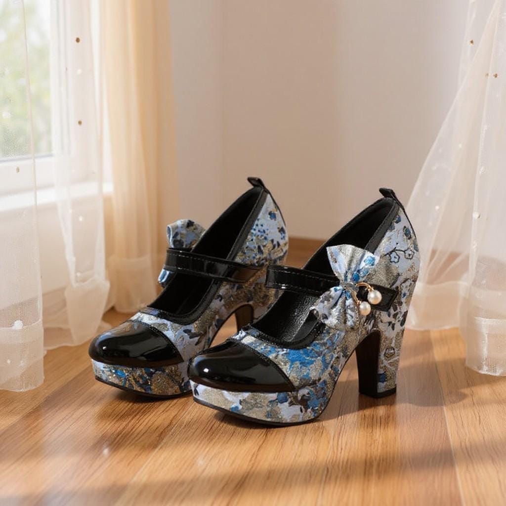 Blue Floral Mary Jane Heels, Platform Bow Pumps, Black Patent Strap Shoes