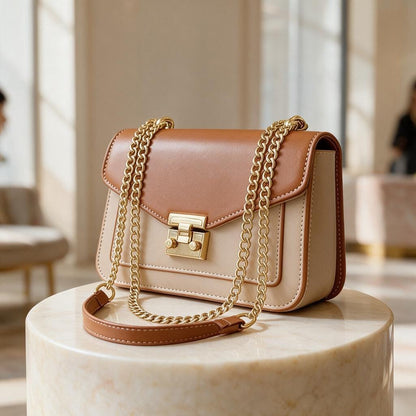 Two Tone Brown Beige Shoulder Bag, Structured Flap Purse, Gold Chain Crossbody Handbag, Neutral Colorblock Bag, Elegant Everyday Purse