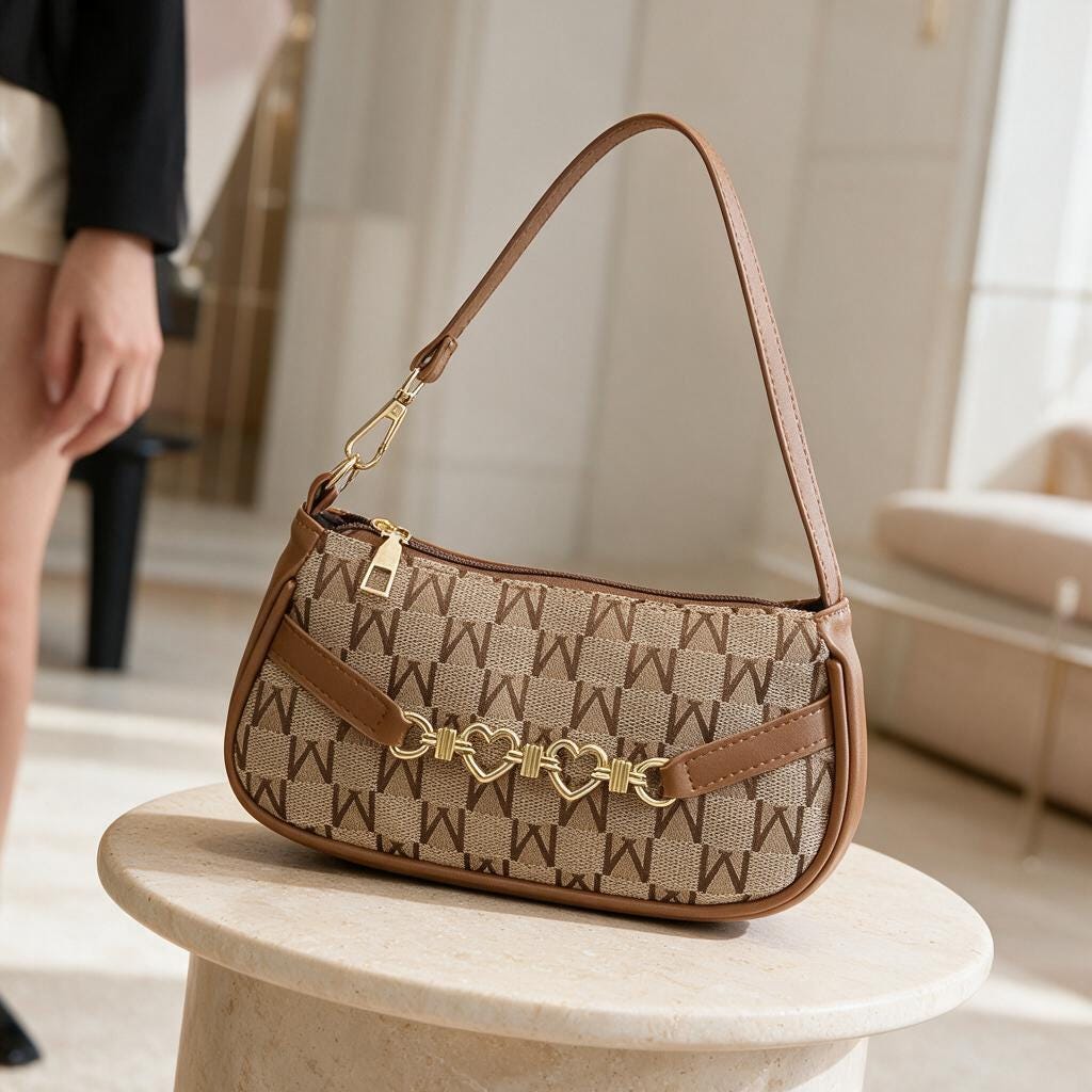 Brown Monogram Shoulder Bag, Y2K Baguette Purse, Vintage Inspired Handbag, Cute Everyday Bag