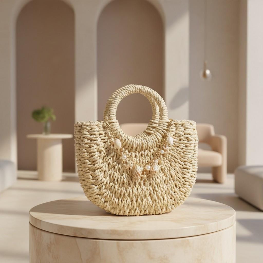 Woven Basket Bag, Natural Top Handle Purse, Boho Shell Charm Summer Handbag