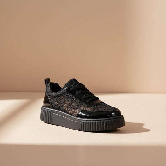 Black Lace Platform Sneakers, Women's Chunky Shoes, Lace Up Fashion Trainers