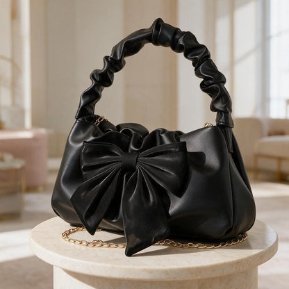 Black Bow Handbag, Ruched Shoulder Purse, Elegant Black Evening Bag, Statement Bow Bag, Party Handbag