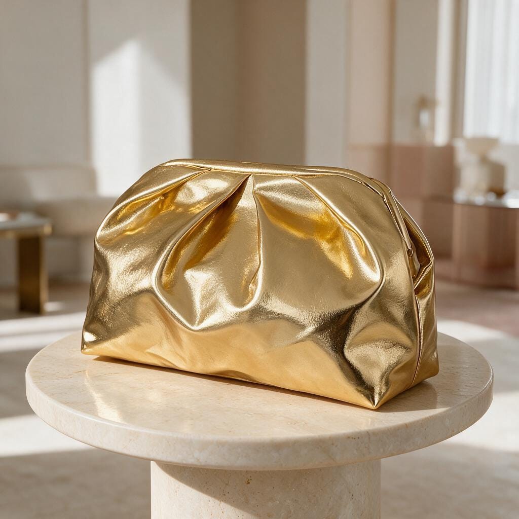 Metallic Gold Clutch Bag, Ruched Evening Purse, Gold Statement Handbag, Glam Party Bag, Elegant Wedding Guest Purse