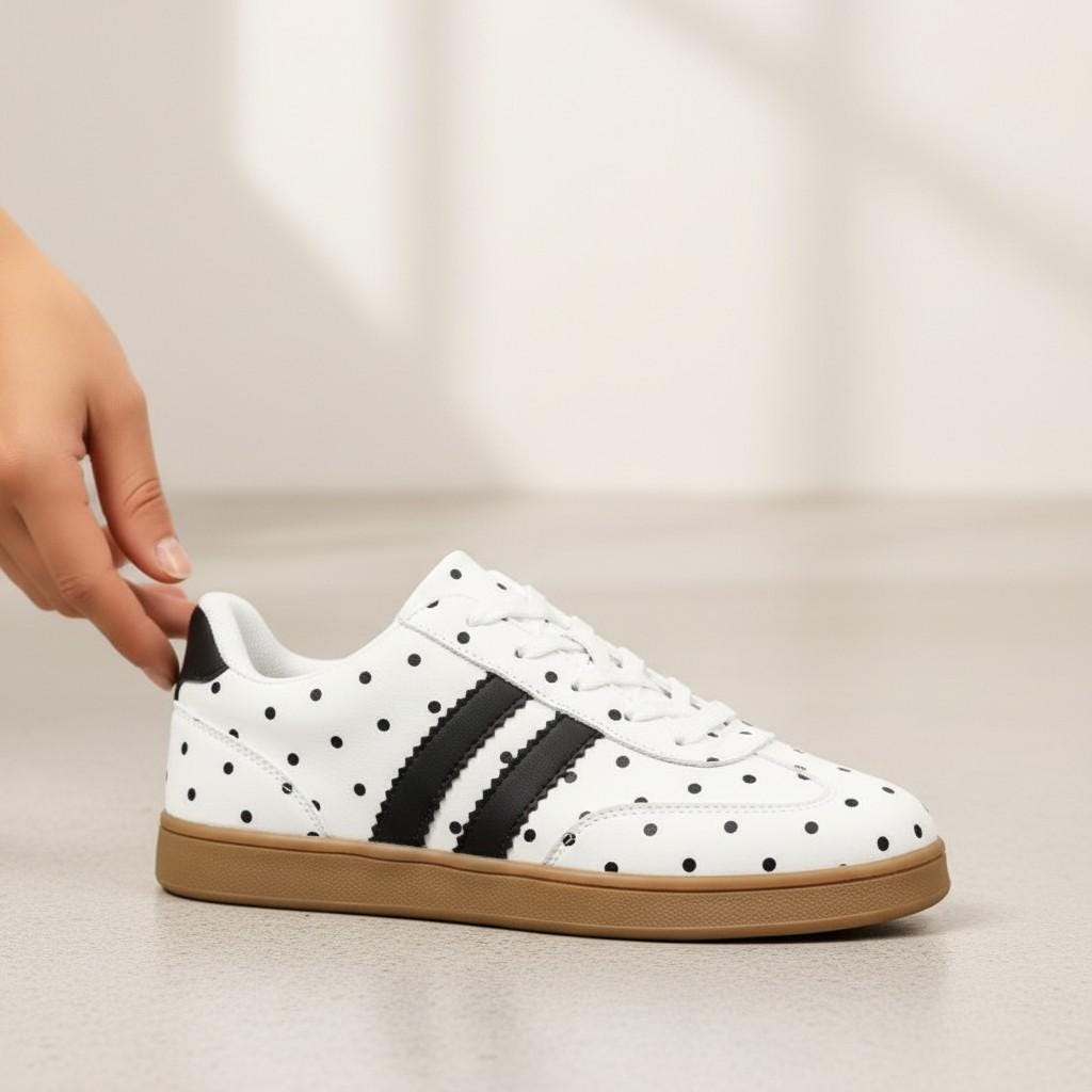 Polka Dot Sneakers for Women, Black White Casual Shoes, Retro Low Top Lace Up Sneakers, Cute Everyday Shoes