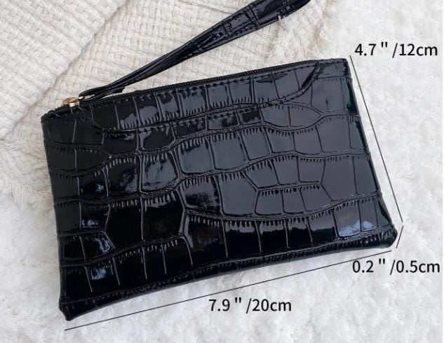 Black Crocodile Clutch Bag, Glossy Wristlet Purse, Embossed Black Evening Bag, Croc Print Pouch, Sleek Zip Wristlet