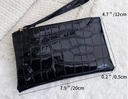 Black Crocodile Clutch Bag, Glossy Wristlet Purse, Embossed Black Evening Bag, Croc Print Pouch, Sleek Zip Wristlet