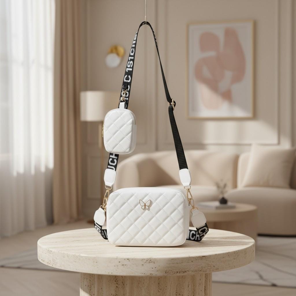 White Quilted Crossbody Bag for Women, Mini Shoulder Purse with Adjustable Strap, Small Everyday Handbag