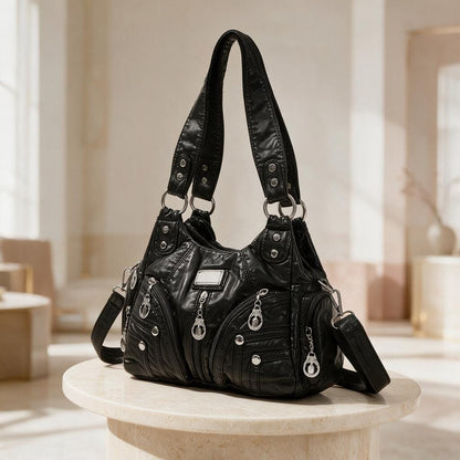 Black Multi Pocket Shoulder Bag, Faux Leather Hobo Purse, Zipper Handbag, Casual Everyday Crossbody Bag, Women Black Handbag