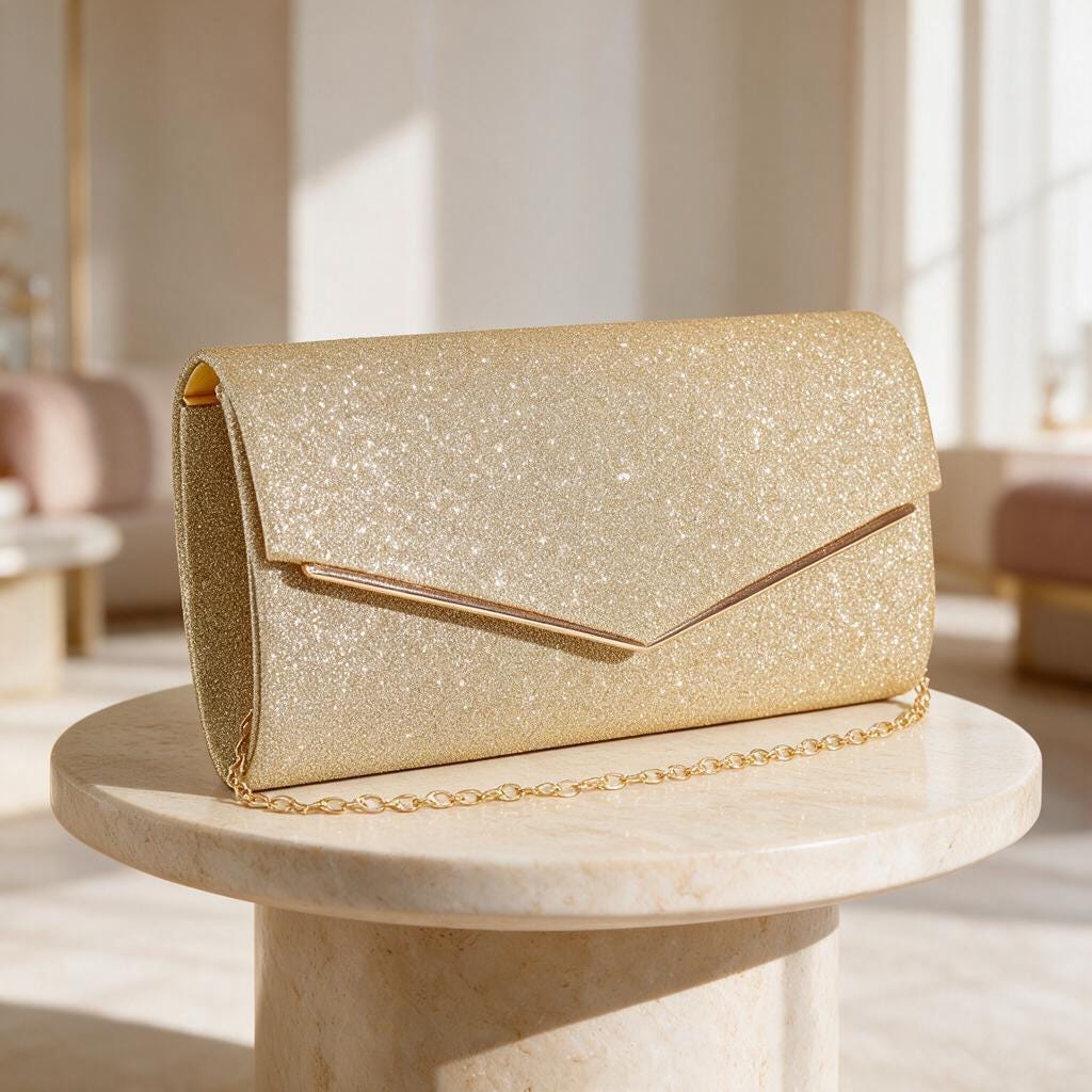 Gold Glitter Clutch Bag, Champagne Gold Envelope Purse, Chain Strap Evening Bag, Wedding Guest Clutch, Elegant Party Handbag