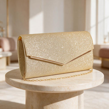 Gold Glitter Clutch Bag, Champagne Gold Envelope Purse, Chain Strap Evening Bag, Wedding Guest Clutch, Elegant Party Handbag