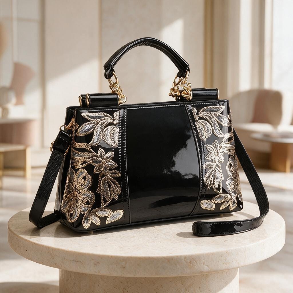 Black Floral Handbag, Embroidered Shoulder Bag, Women's Top Handle Purse, Elegant Crossbody Bag, Evening Purse
