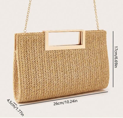 Woven Top Handle Bag, Natural Beige Handbag, Textured Purse, Gold Frame Handle