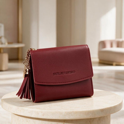 Burgundy Womens Wallet, Small Tassel Wallet, Compact Flap Purse, Red Wallet