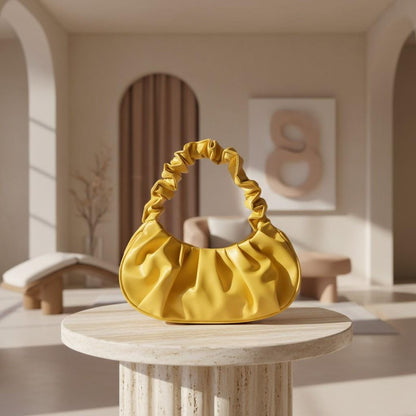 Yellow Ruched Shoulder Bag, Women's Hobo Purse, Satin Baguette Bag, Gathered Handbag, Cute Yellow Everyday Purse