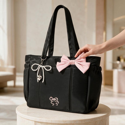 Black Bow Tote Bag, Pink Ribbon Handbag, Coquette Shoulder Bag, Pearl Charm Purse, Cute Feminine Everyday Bag