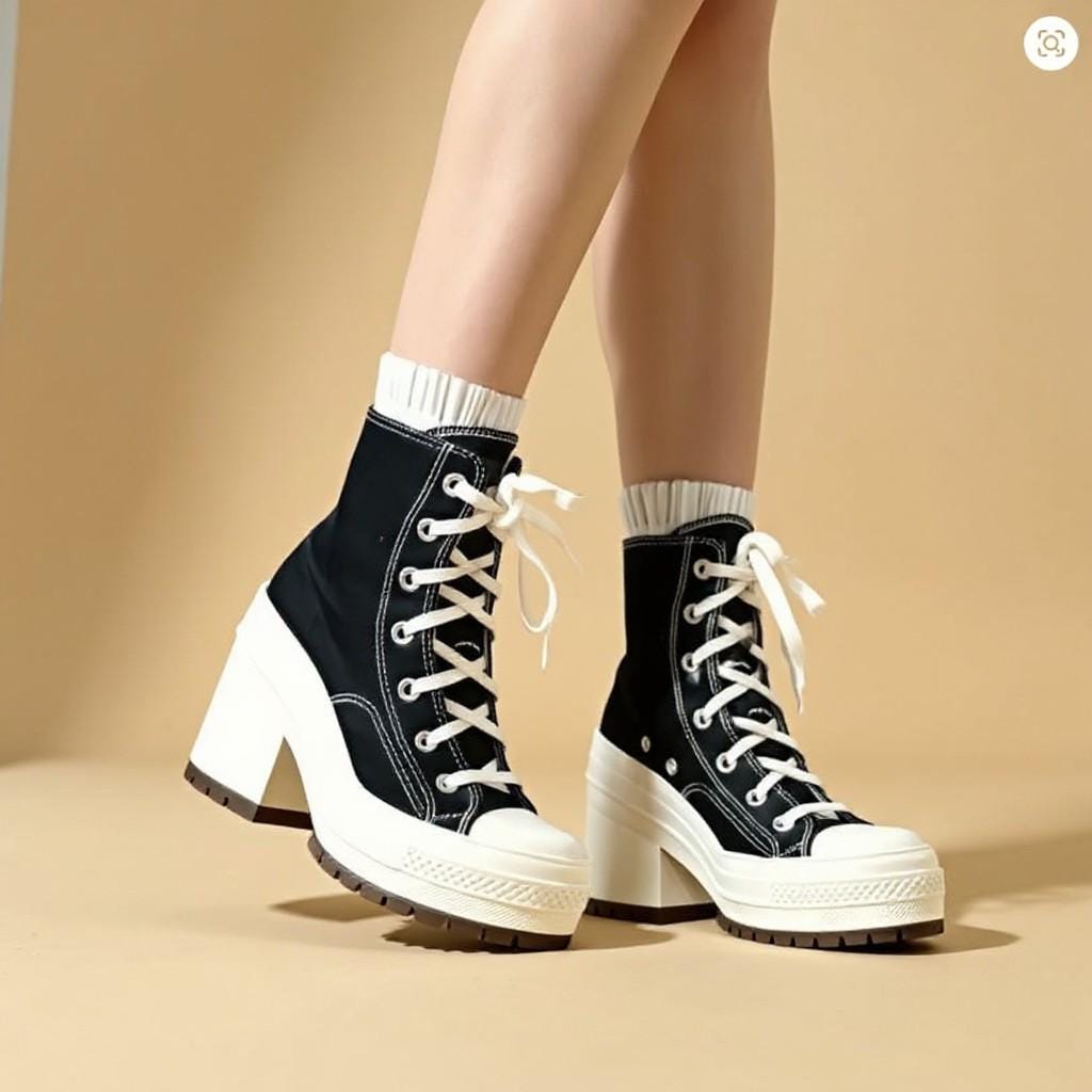 Black High Heel Sneakers, High Top Platform Shoes, Lace Up Chunky Sneaker Boots, Women's Statement Shoes