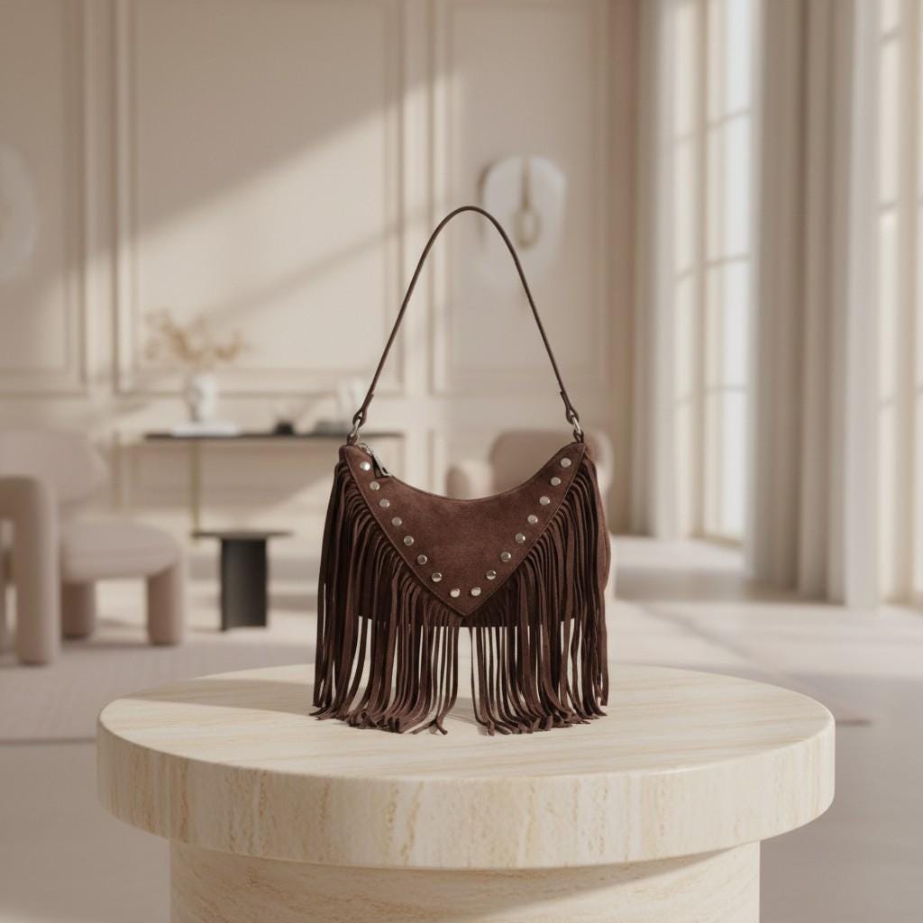 Brown Fringe Shoulder Bag, Boho Purse, Western Fringe Bag, Studded Hobo Bag, Festival Handbag