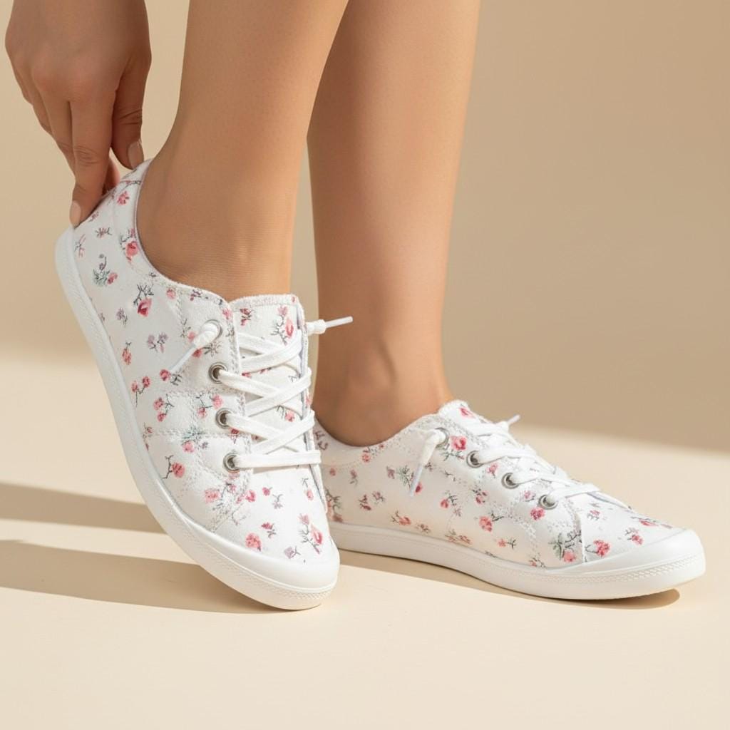 Floral Low Top Sneakers for Women, White Flower Print Shoes, Vintage Lace Up Casual Footwear