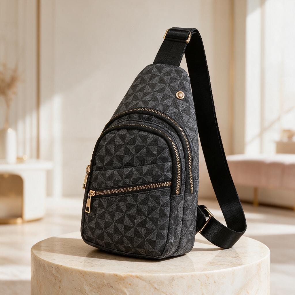 Black Geometric Sling Bag, Women's Crossbody Chest Bag, Textured Shoulder Backpack, Multi Pocket Travel Bag, Everyday Purse