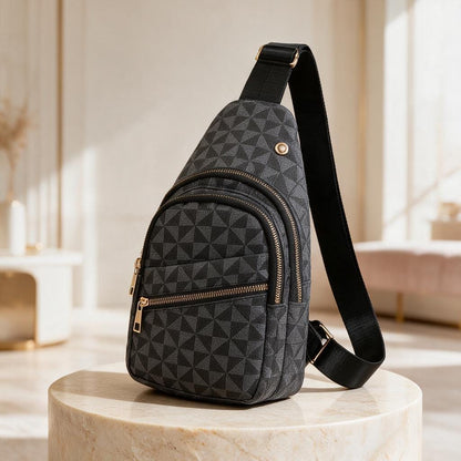 Black Geometric Sling Bag, Women's Crossbody Chest Bag, Textured Shoulder Backpack, Multi Pocket Travel Bag, Everyday Purse