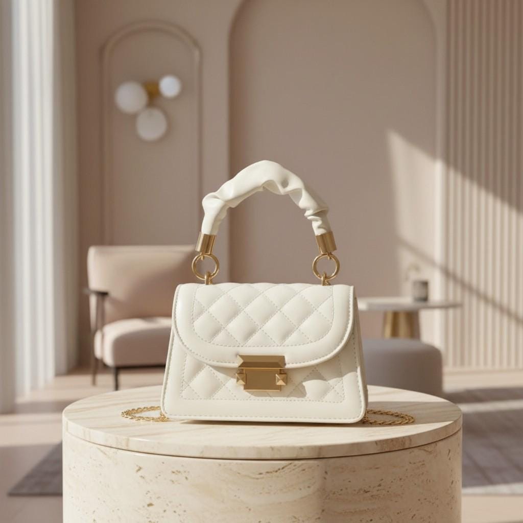 White Quilted Top Handle Bag, Gold Chain Shoulder Purse, Structured Crossbody Handbag, Elegant Flap Bag