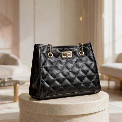 Black Quilted Shoulder Bag, Chain Strap Handbag, Diamond Stitch Purse, Structured Crossbody Bag, Elegant Women's Bag