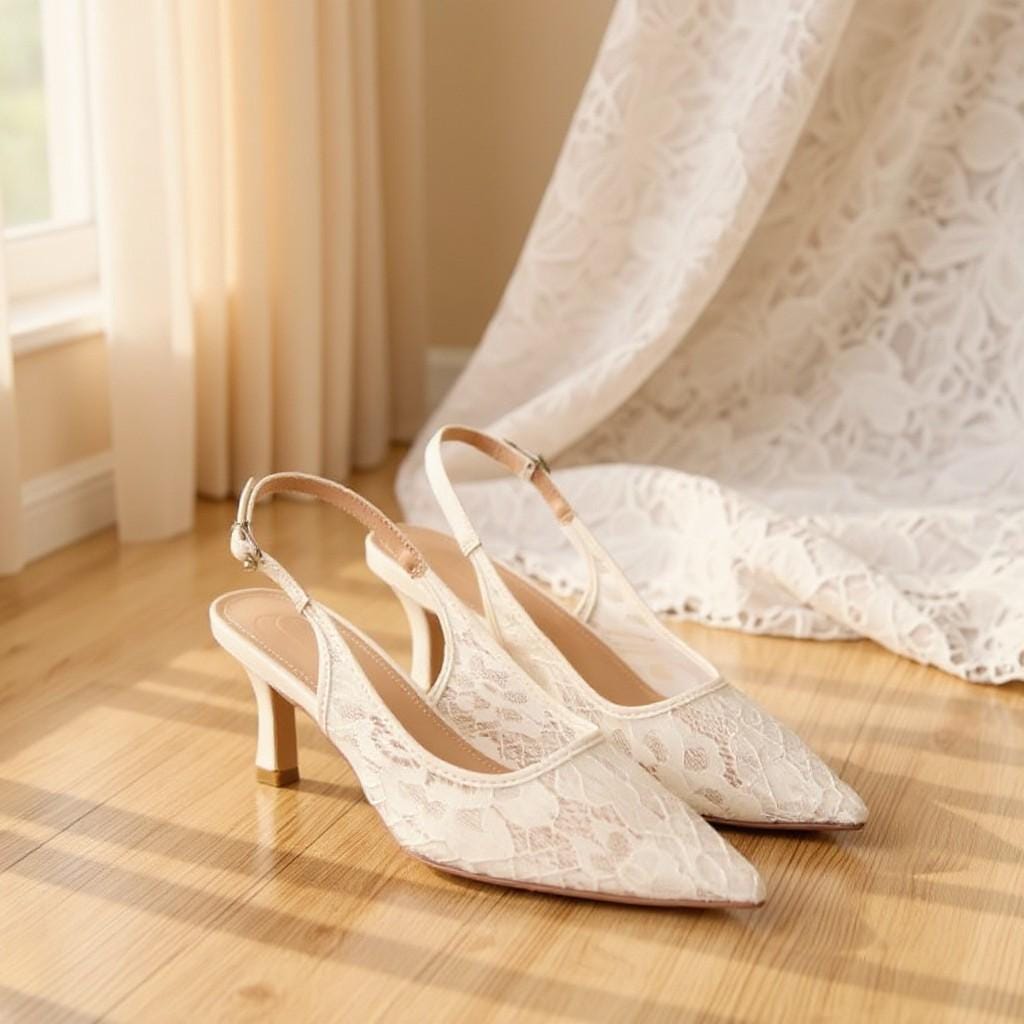 Ivory Lace Bridal Slingback Heels, Pointed Toe Wedding Pumps, Low Heel Shoes