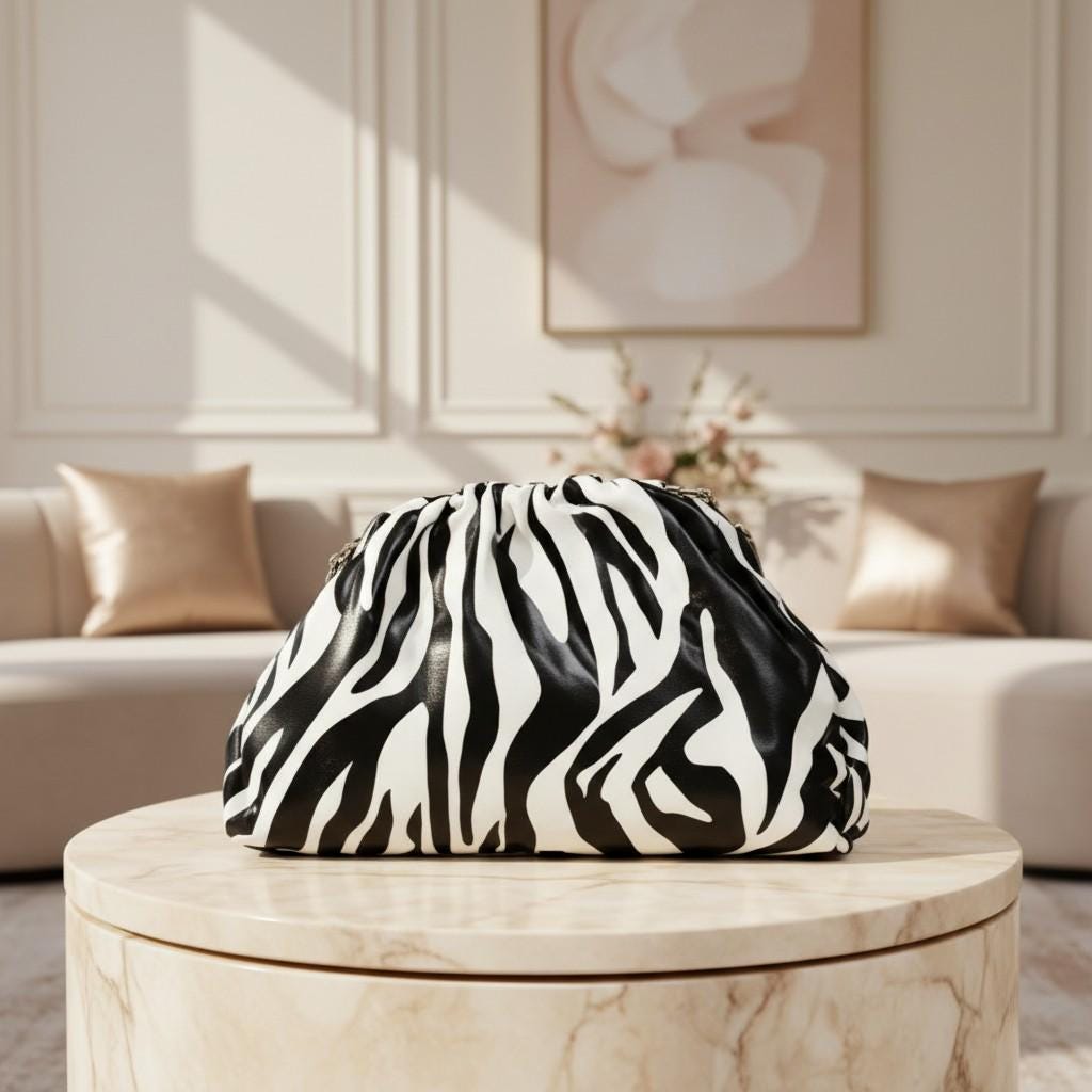 Zebra Print Clutch Bag, Black White Slouchy Purse, Animal Print Evening Bag