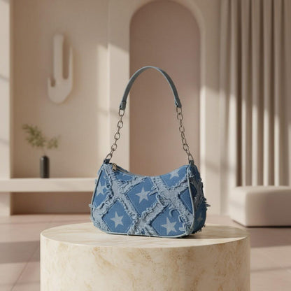 Blue Denim Star Shoulder Bag, Distressed Baguette Purse, Y2K Chain Handbag, Frayed Jean Bag, Women's Small Shoulder Bag
