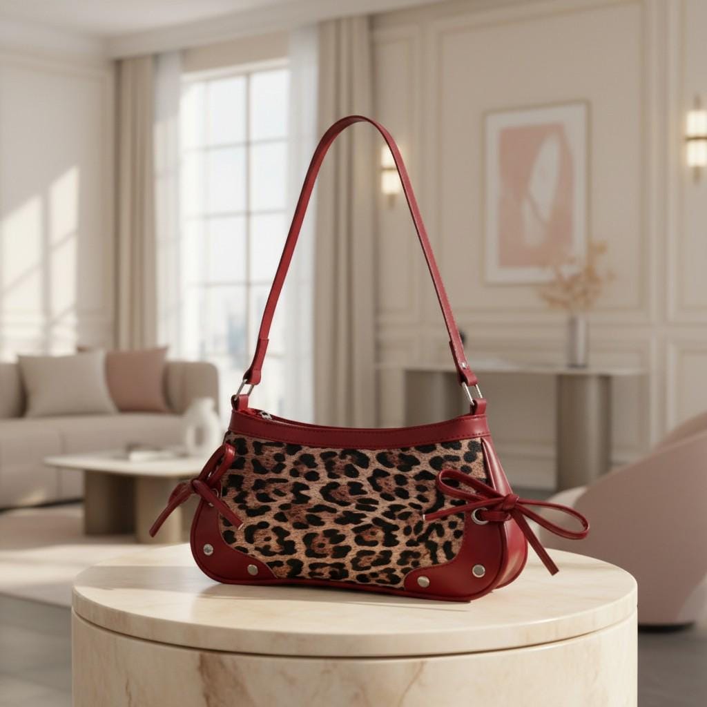 Leopard Baguette Bag, Burgundy Trim Shoulder Purse, Animal Print Handbag, Y2K Underarm Bag, Bow Detail Purse