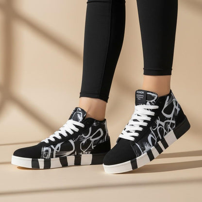 Black White High Top Sneakers, Women's Graphic Print Shoes, Streetwear