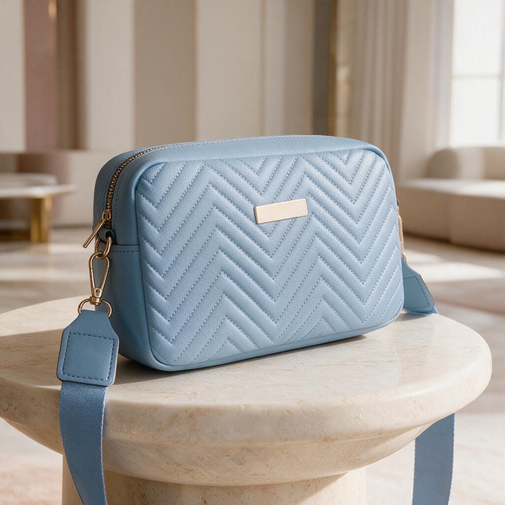 Light Blue Quilted Crossbody Bag, Chevron Shoulder Purse, Powder Blue Handbag, Casual Everyday Bag, Adjustable Strap