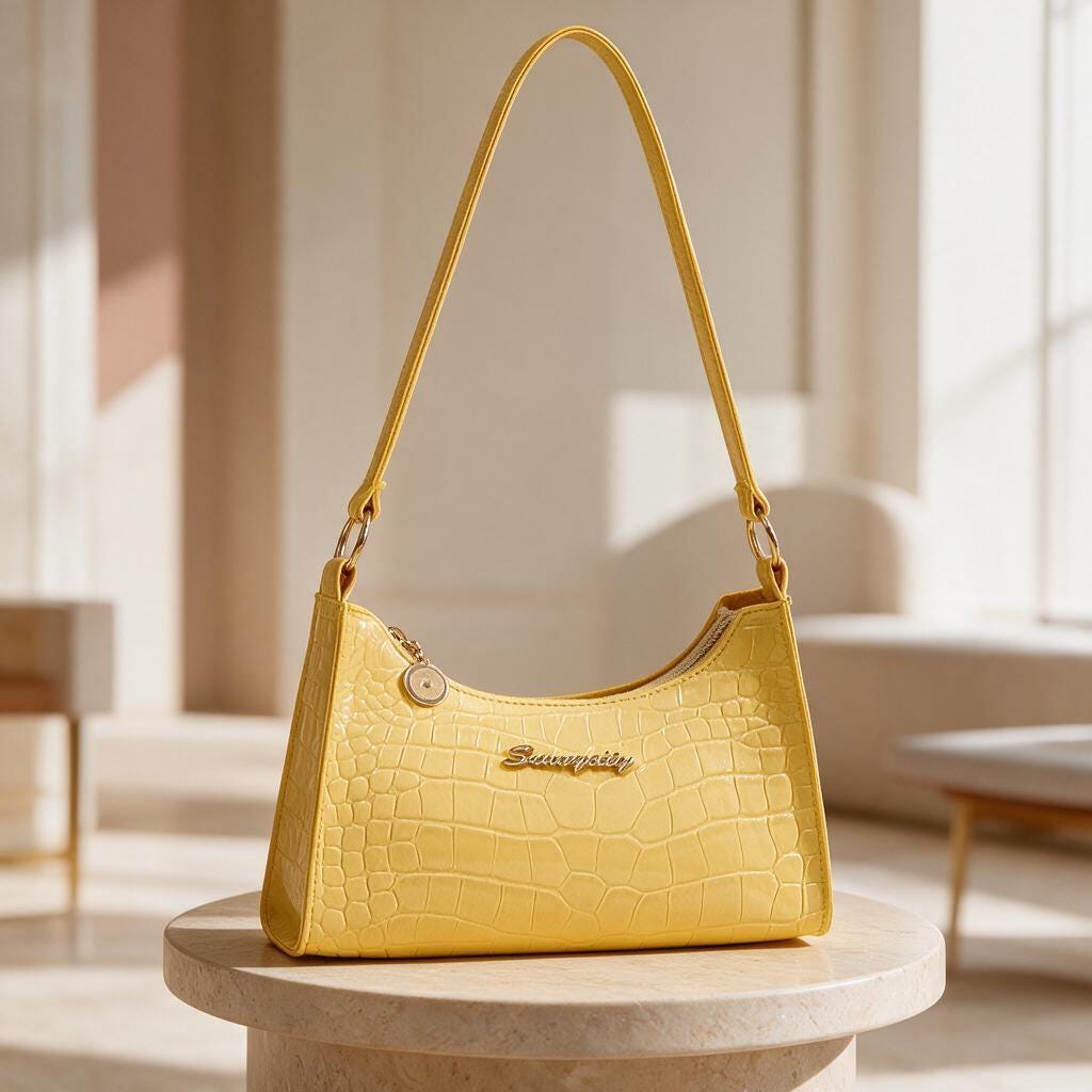 Yellow Croc Embossed Shoulder Bag, Y2K Baguette Purse, Glossy Yellow Handbag, Mini Underarm Bag, Crocodile Effect Purse
