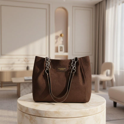 Brown Tote Bag, Large Shoulder Purse for Women, Chain Handle Handbag, Soft Textured Everyday Bag