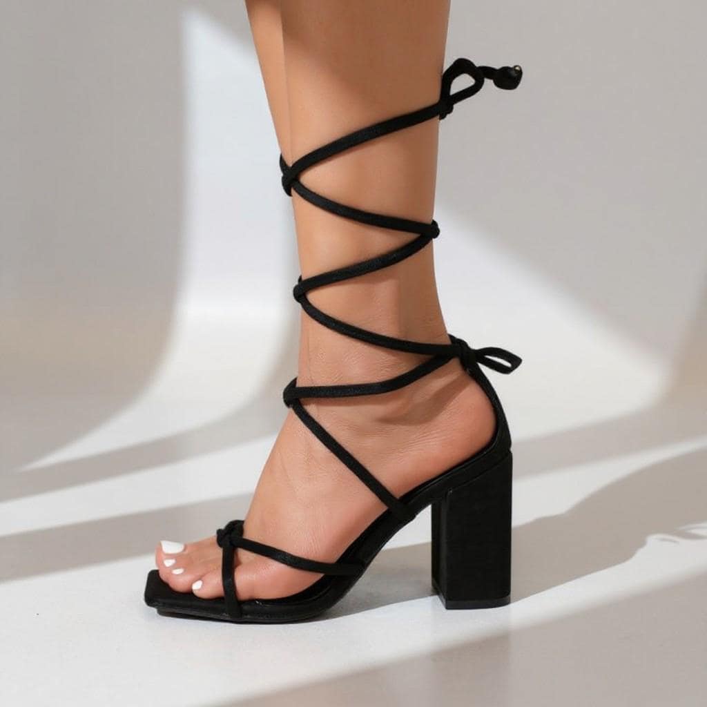 Black Lace Up Heels, Strappy Block Heel Sandals, Wrap Around Ankle Strap Shoes, Open Toe Party Heels