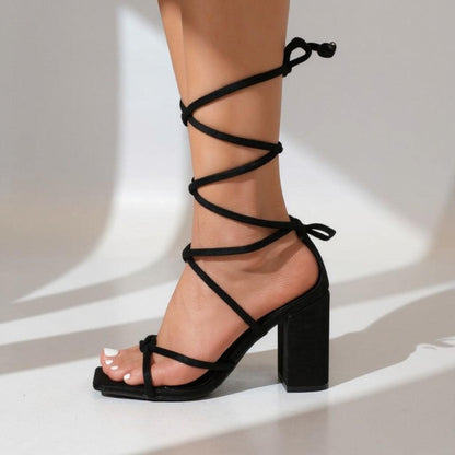 Black Lace Up Heels, Strappy Block Heel Sandals, Wrap Around Ankle Strap Shoes, Open Toe Party Heels