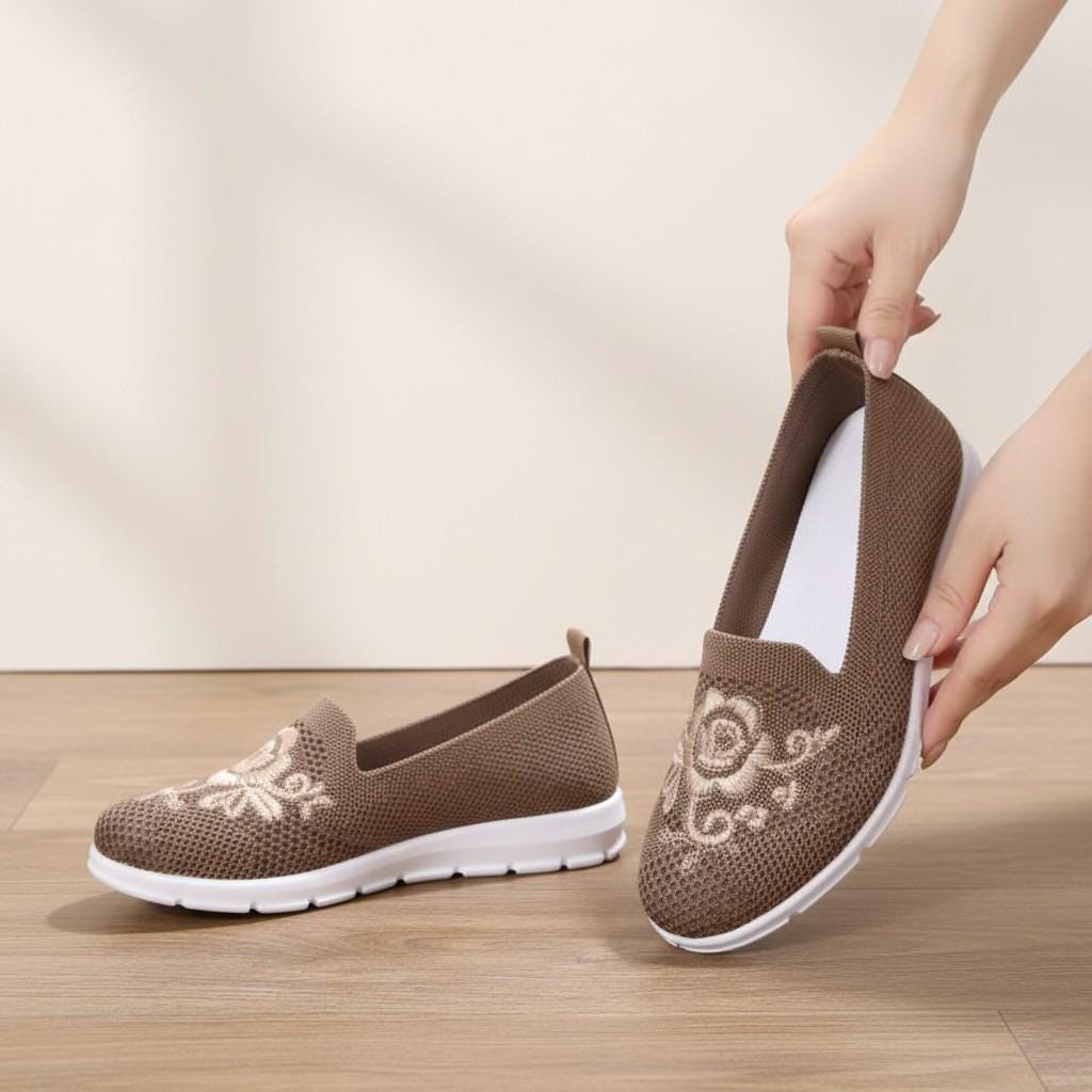 Embroidered Floral Slip On Shoes, Women's Brown Casual Walking Flats, Boho Summer Shoes