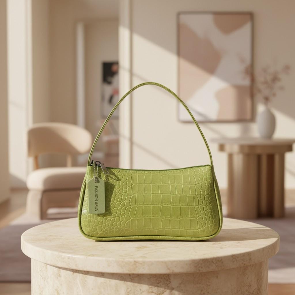 Green Croc Shoulder Bag, Mini Crossbody Purse for Women, Small Zip Handbag, Trendy Everyday Bag