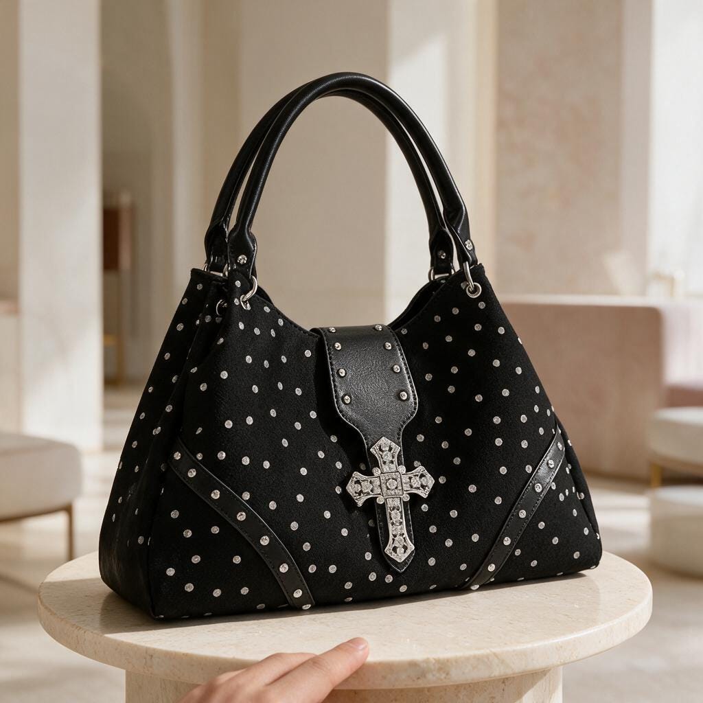 Gothic Cross Purse, Black Shoulder Bag, Alternative Handbag, Studded Polka Dot Bag, Gothic Fashion Accessory
