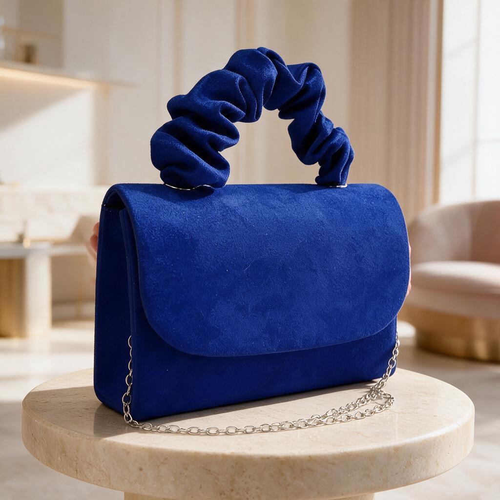 Royal Blue Clutch Bag, Cobalt Blue Evening Purse, Scrunchie Handle Handbag, Chain Strap Shoulder Bag, Wedding Guest Clutch