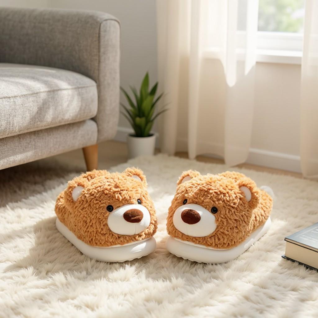 Teddy Bear Slippers, Plush Brown Bear House Shoes, Fuzzy Cozy Slippers