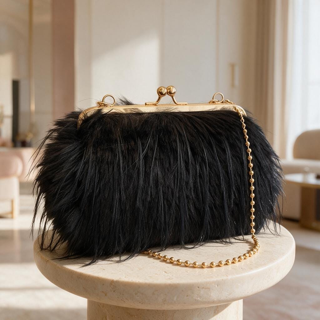 Black Shaggy Clutch Bag, Furry Evening Purse, Vintage Frame Handbag, Gold Chain Shoulder Bag, Statement Party Purse