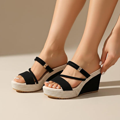 Black Wedge Sandals for Women, Strappy Platform Espadrille Shoes, Open Toe Summer Heels
