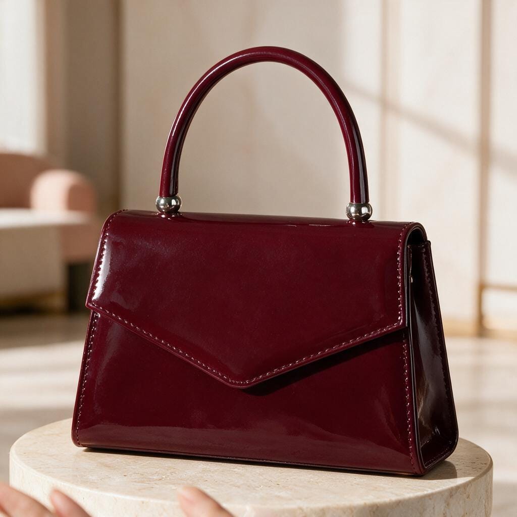 Burgundy Patent Handbag, Top Handle Purse, Wine Red Flap Bag, Elegant Womens Bag
